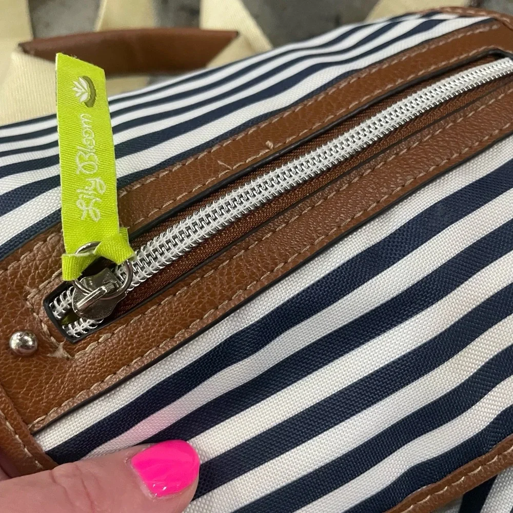 Lily Bloom Navy & White Striped Backpack with Front Pockets & Lime Green Inside - Picture 10 of 11